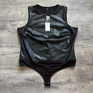 Express Body Contour Faux Leather High Neck Thong Bodysuit